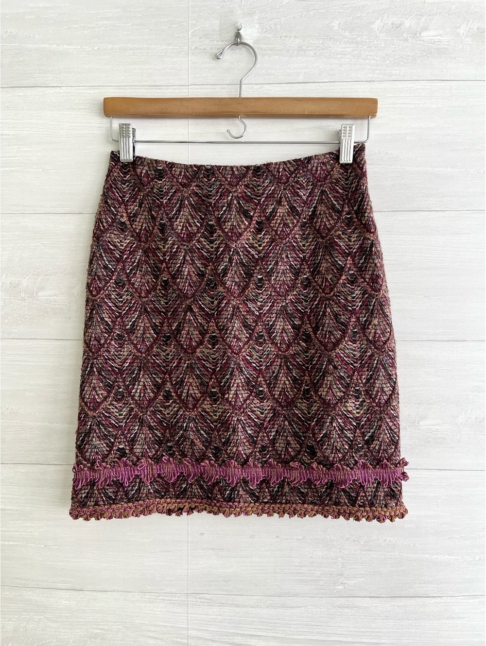 Vintage Anna Sui Fall 2004 Runway Tweed Mohair Fringe Mini Skirt 2 USA